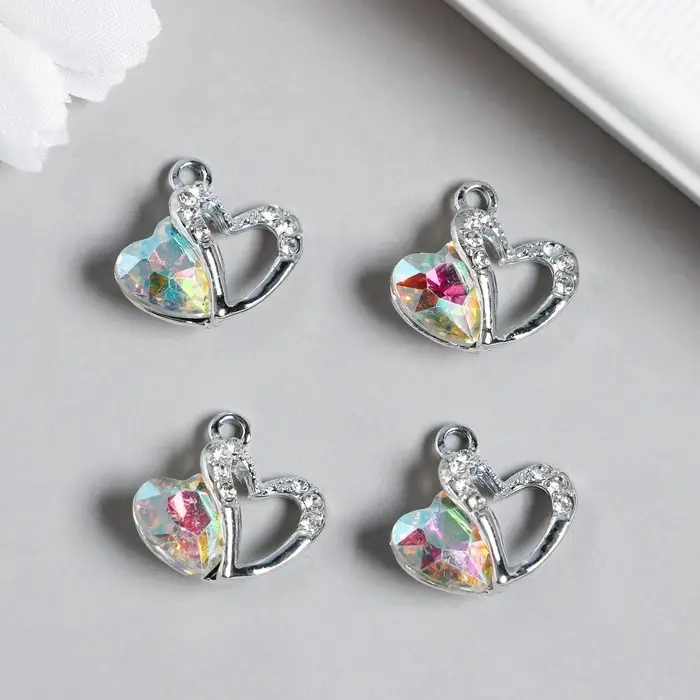 Металлический элемент, декоративная подвеска «Арт Узор. Двойное сердце», стразы, серебро, 1.7×1.8 см