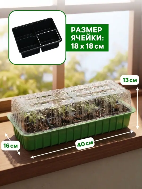 Мини-парник для рассады, 40&times;16&times;13 см, 2 вставки, 8 ячеек, зелёный, Greengo