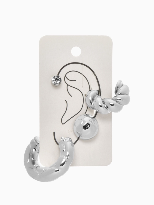 Набор серьги и каффы 4 шт «Мятые» переплетение, цвет серебро