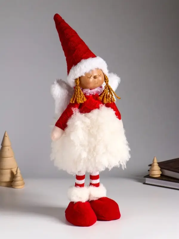 Кукла интерьерная "Ангелочек в меховой юбочке и красном колпаке" 15х9х45 см