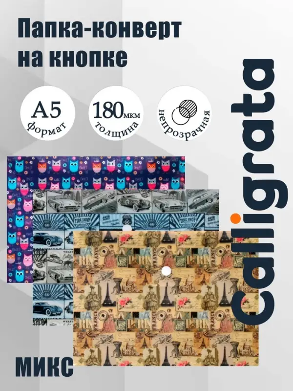 Папка-конверт на кнопке, А5, 180 мкм, МИКС