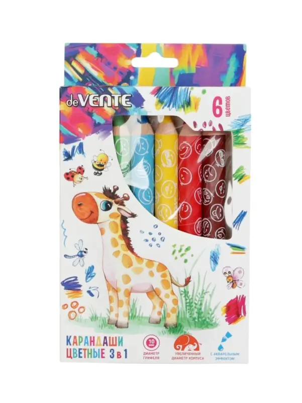 Карандаши цветные акварельные 6 цветов, мини deVENTE Jumbo 3 в 1 супер мягкие, d=14.7 мм; L-110 мм с точилкой