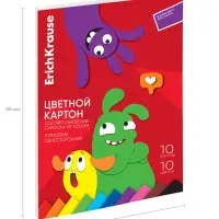 Картон цветной ErichKrause. Jolly Friends, А4, 10 цветов, 10 листов, мелованный, односторонний, глянцевый, на склейке