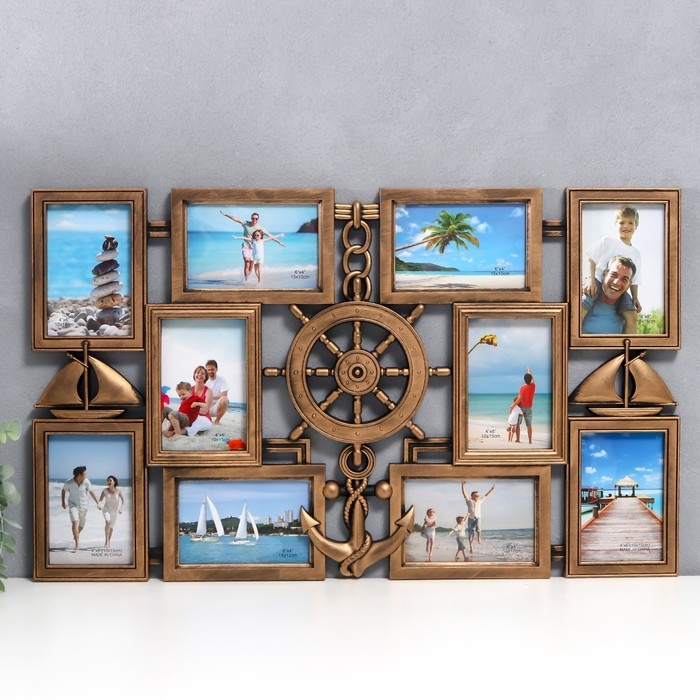 Фоторамка пластик на 10 фото 10х15 см Фоторамка пластик на 10 фото 10х15 см "Якорь и штурвал" тёмное золото 41х68 см