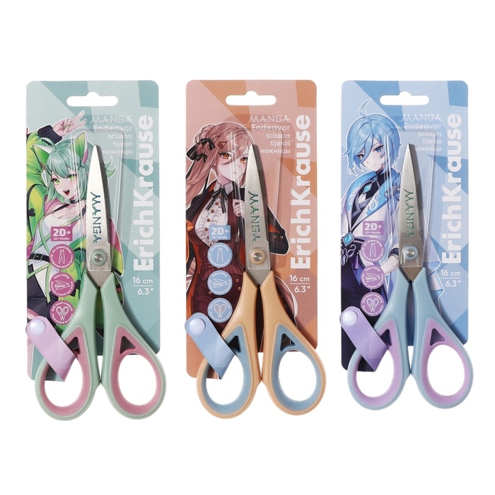Ножницы ErichKrause Endeavor Manga, 16 см, двойная заточка, антискользящие резиновые вставки, европодвес, МИКС Ножницы ErichKrause Endeavor Manga, 16 см, двойная заточка, антискользящие резиновые вставки, европодвес, МИКС