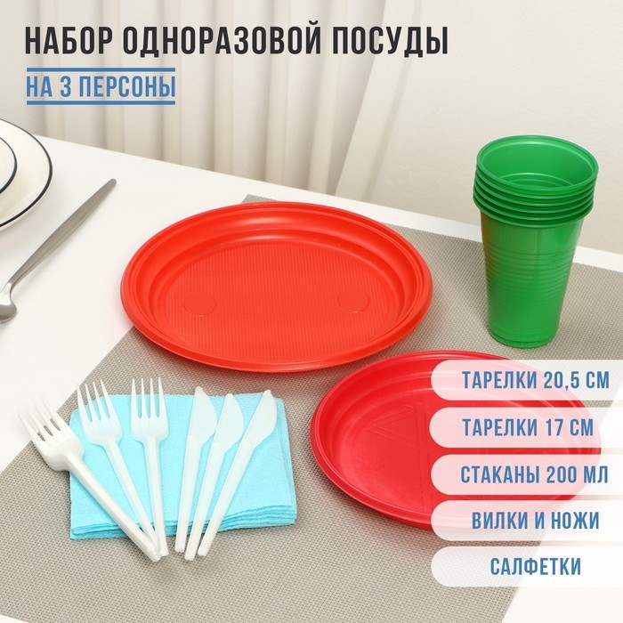 Набор пластиковой одноразовой посуды на 3 персоны Не ЗАБЫЛИ! «Светофор», цвет МИКС Набор пластиковой одноразовой посуды на 3 персоны Не ЗАБЫЛИ! «Светофор», цвет МИКС