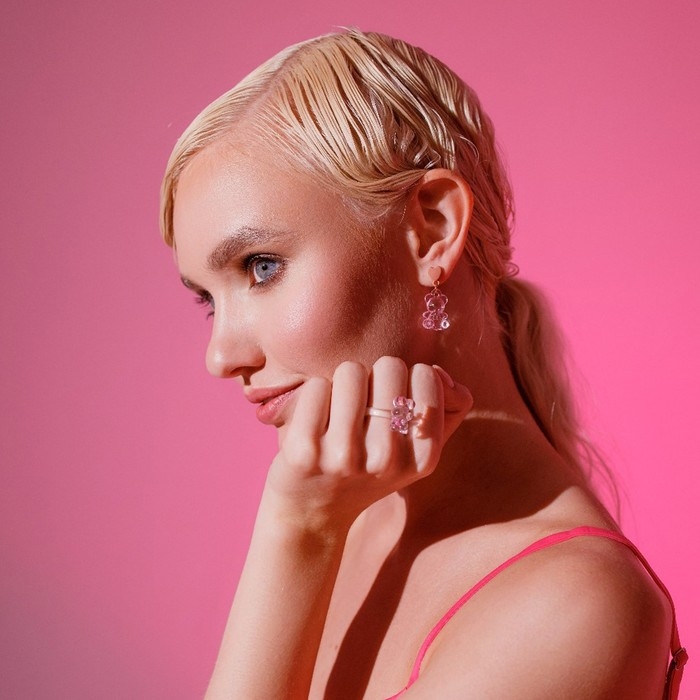 Серьги пластик «Мишки» с сердечками, цвет розовый в золоте Серьги пластик «Мишки» с сердечками, цвет розовый в золоте