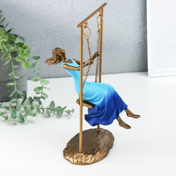 Сувенир полистоун  Сувенир полистоун "Девушка в небесно-голубом платье на качелях" бронза 16х11х26 см