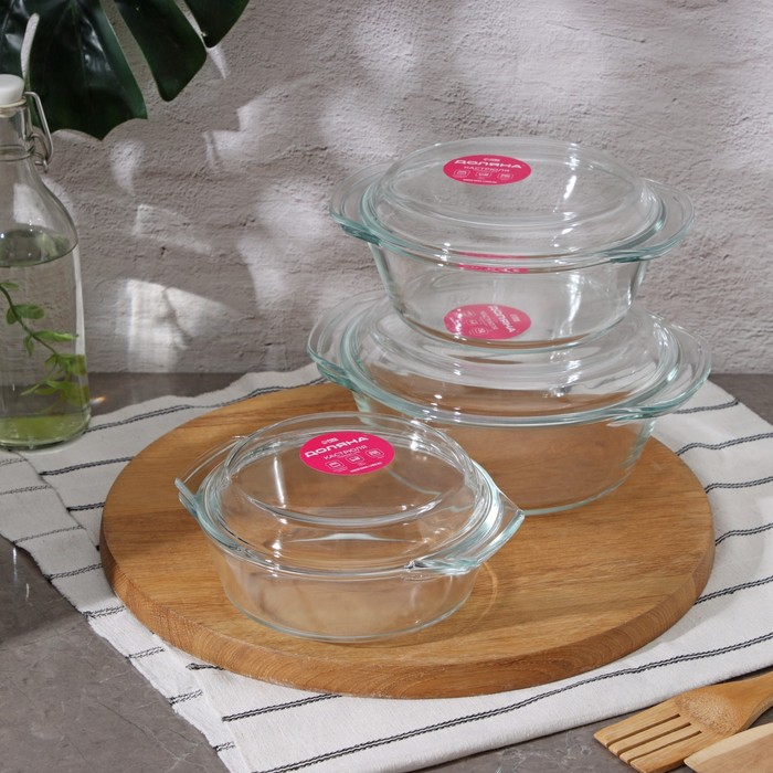 Набор кастрюль из жаропрочного стекла для запекания Доляна «Гратен», 3 предмета: 0,7 л, 1 л, 1,5 л, с крышками Набор кастрюль из жаропрочного стекла для запекания Доляна «Гратен», 3 предмета: 0,7 л, 1 л, 1,5 л, с крышками