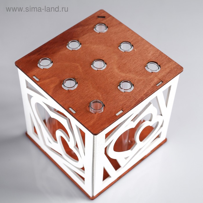 Кашпо деревянное 15×15×15 см с 9 колбами  Кашпо деревянное 15×15×15 см с 9 колбами "Два сердца", морёный белый Дарим Красиво