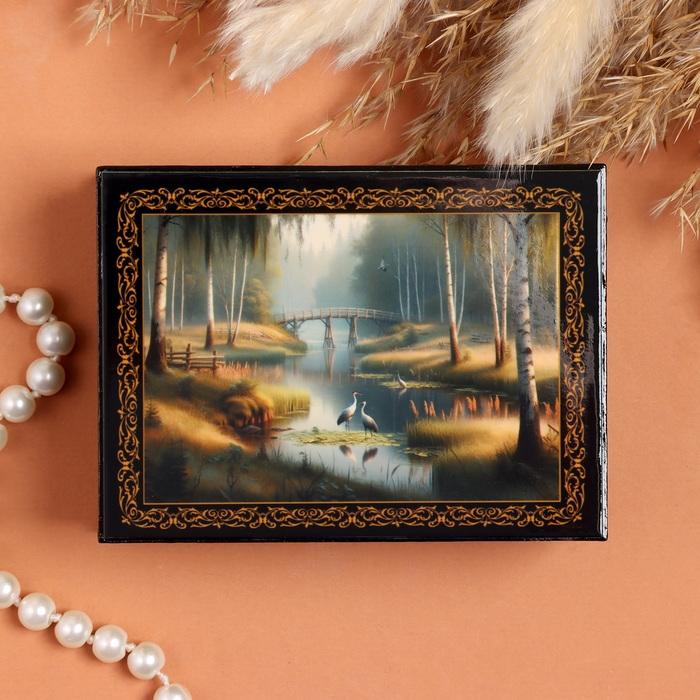 Шкатулка «Пара журавлей», черная, 8×10,5 см, лаковая миниатюра