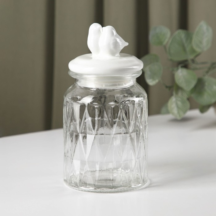 Банка стеклянная для хранения сыпучих продуктов Доляна &laquo;Голубки&raquo;, 800 мл, 11&times;20 см, с керамической крышкой