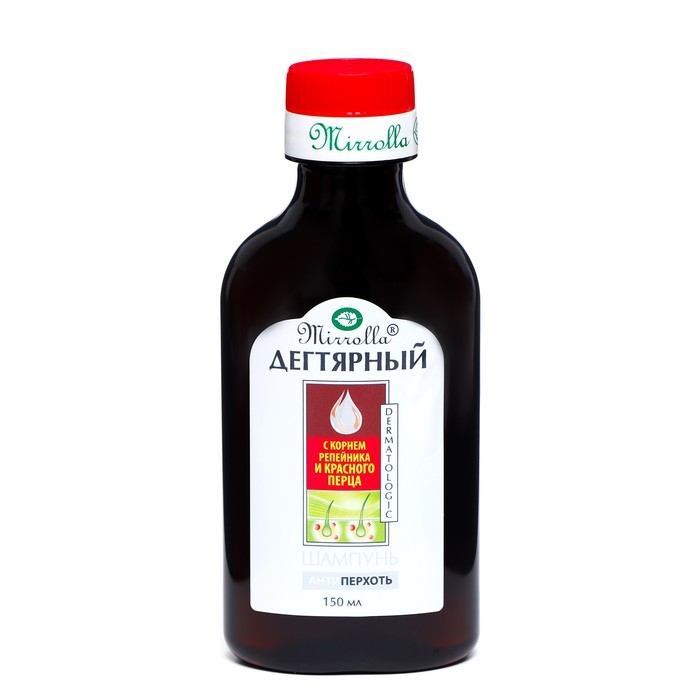 Шампунь Mirrolla дегтярный  Шампунь Mirrolla дегтярный "Красный перец и экстракт репейного корня",150 мл