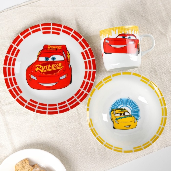 Набор посуды, 3 предмета: тарелка Ø 16,5 см, миска Ø 14 см, кружка 200 мл, Тачки Набор посуды, 3 предмета: тарелка Ø 16,5 см, миска Ø 14 см, кружка 200 мл, Тачки