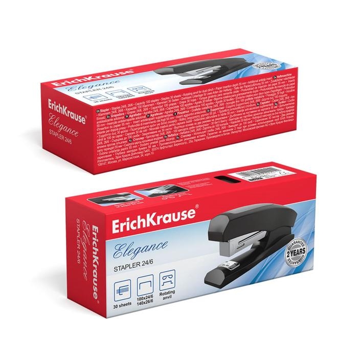 Степлер ErichKrause Elegance Half-strip №24/6 и 26/6, до 30 листов, вмещает до 100 скоб, глубина закладки бумаги до 55 мм, черный Степлер ErichKrause Elegance Half-strip №24/6 и 26/6, до 30 листов, вмещает до 100 скоб, глубина закладки бумаги до 55 мм, черный