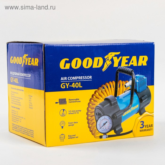 Компрессор автомобильный Goodyear GY-40L, 40 л/мин, со съемной ручкой, съемный витой шланг, с сумкой Компрессор автомобильный Goodyear GY-40L, 40 л/мин, со съемной ручкой, съемный витой шланг, с сумкой