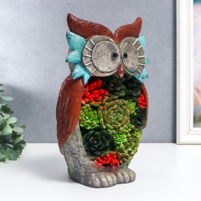 Сувенир полистоун свет Сувенир полистоун свет "Филин с суккулентами" от солнечной батареи 26,5х15,5 см