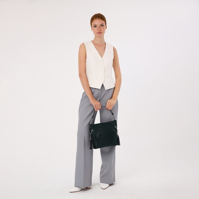 Сумка-тоут на молнии, 2 наружных кармана, длинный ремень, цвет зелёный