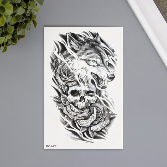 Татуировка на тело чёрная Татуировка на тело чёрная "Волк с черепом" 12х19 см