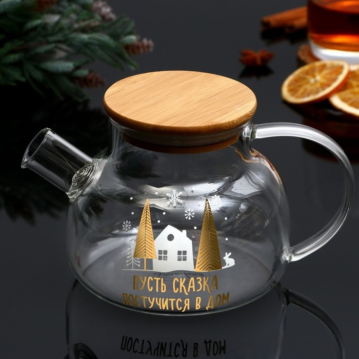 Новый год. Чайник заварочный стеклянный с бамбуковой крышкой «Сказка», 800 мл Новый год. Чайник заварочный стеклянный с бамбуковой крышкой «Сказка», 800 мл