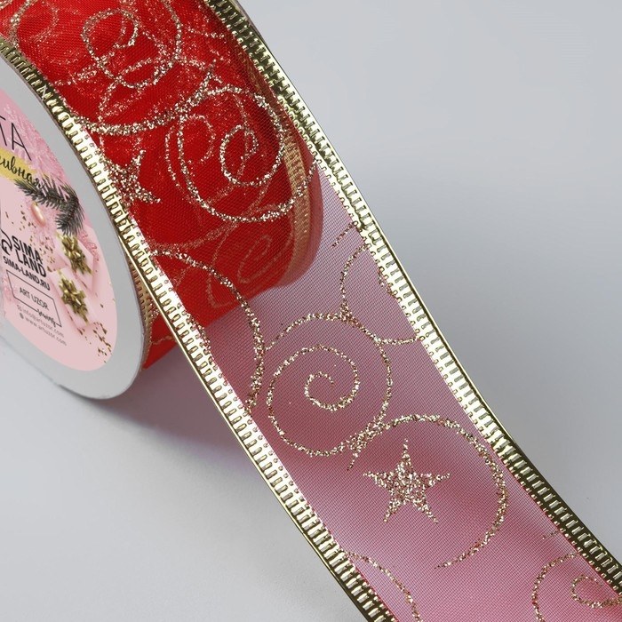 Новый год! Лента капроновая с металлической нитью «Вензеля», 38 мм × 2,7 ± 0,5 м, цвет красный/золотой Новый год! Лента капроновая с металлической нитью «Вензеля», 38 мм × 2,7 ± 0,5 м, цвет красный/золотой