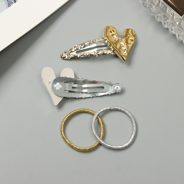 Набор для волос Набор для волос "Беатрис" (10 резинок 3 см, 2 невидимки 5 см) сердца, серебро золото