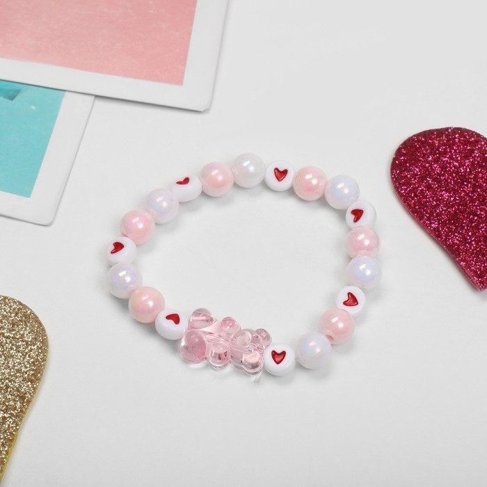 Браслет детский «Выбражулька» мишка в сердечках, цвет бело-розовый