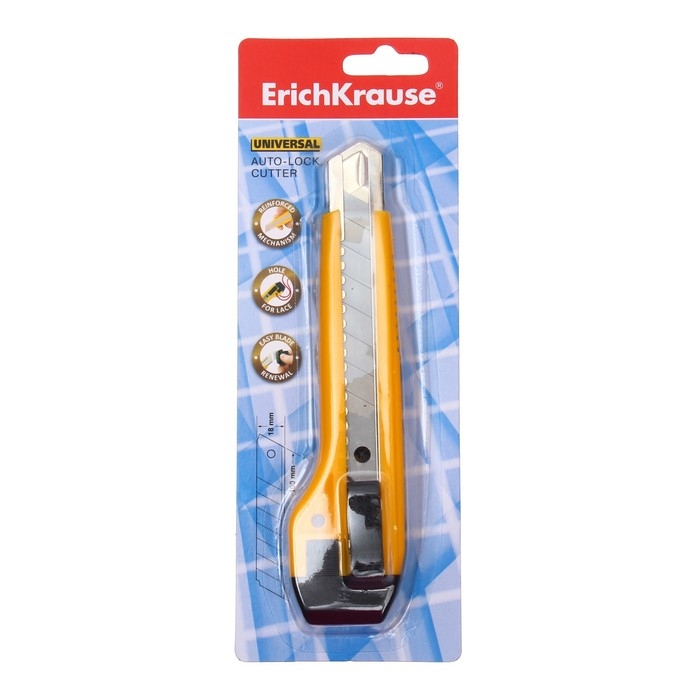 Нож канцелярский 18 мм, Erich Krause Universal, с автоматической системой фиксации лезвия auto-lock и насадкой для безопасного отделения сегмента лезвия, металлические направляющие, 2 лезвия в наборе, блистер Нож канцелярский 18 мм, Erich Krause Universal, с автоматической системой фиксации лезвия auto-lock и насадкой для безопасного отделения сегмента лезвия, металлические направляющие, 2 лезвия в наборе, блистер