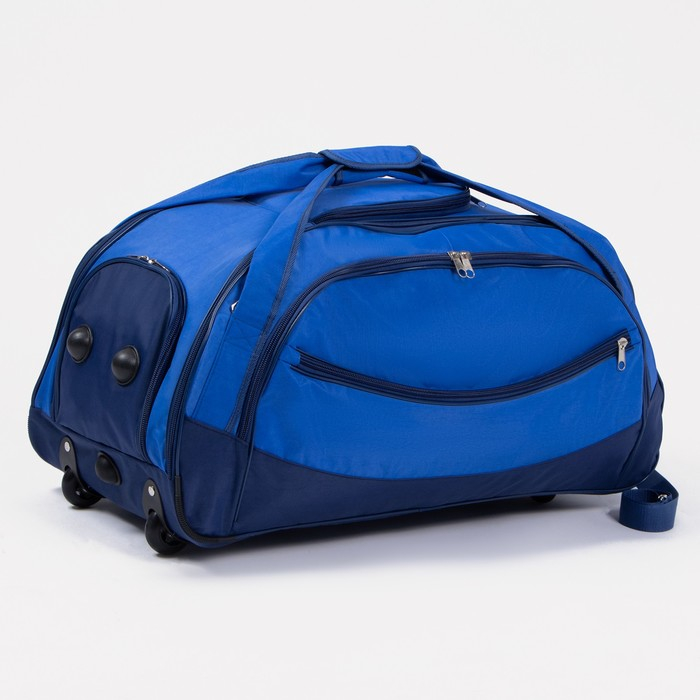 Сумка дорожная на колёсах, отдел на молнии, отдел для обуви, 3 наружных кармана, длинный ремень, цвет синий/василёк Сумка дорожная на колёсах, отдел на молнии, отдел для обуви, 3 наружных кармана, длинный ремень, цвет синий/василёк