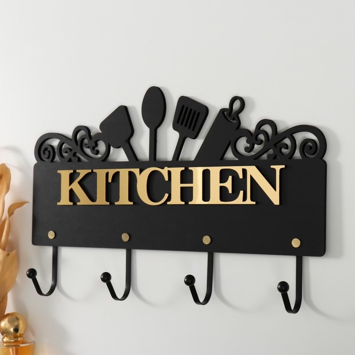 Крючки декоративные дерево Крючки декоративные дерево "Кухонные принадлежности" чёрный, зеркальный 4,3х34х22,3 см