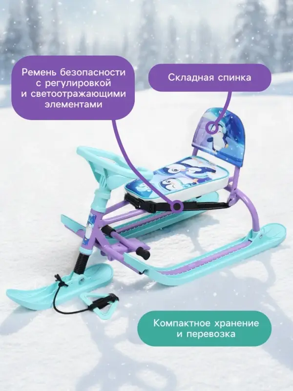 Снегокат &laquo;Twiny1+&raquo; с пингвинятами, со спинкой, голубой, фиолетовый, TW1+/П Nika Kids