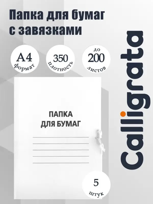 Набор папок для бумаги с завязками 5 штук, Calligrata, 350 г/м&sup2;, до 200 листов, картон мелованный, белый