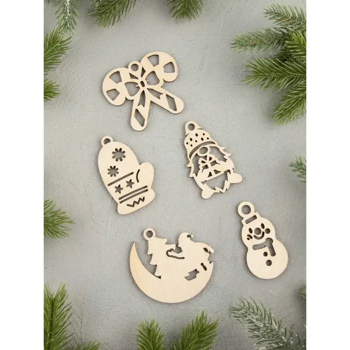 Ёлочные игрушки деревянные в коробке, набор 15 шт.