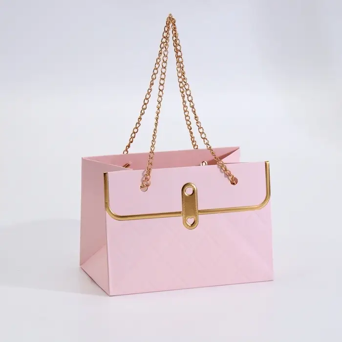 Пакет переноска для цветов, ручка цепь, &laquo;Розовый&raquo;, с золотым тиснением, 15&times;10.5&times;10 см