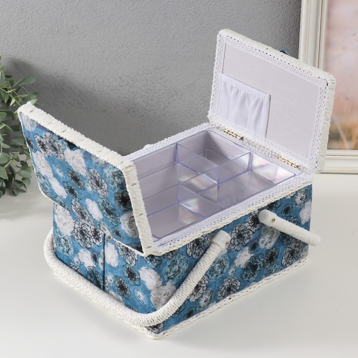 Шкатулка для рукоделия "Чёрно-белые цветы на голубом" 19х26х14,5 см