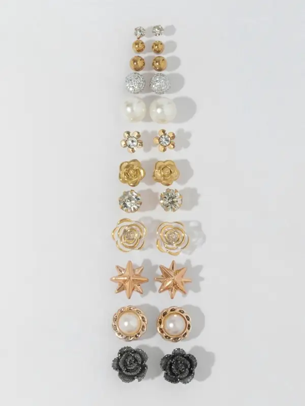 Серьги пусеты 12 пар One year, романтика, бело-серые в золоте