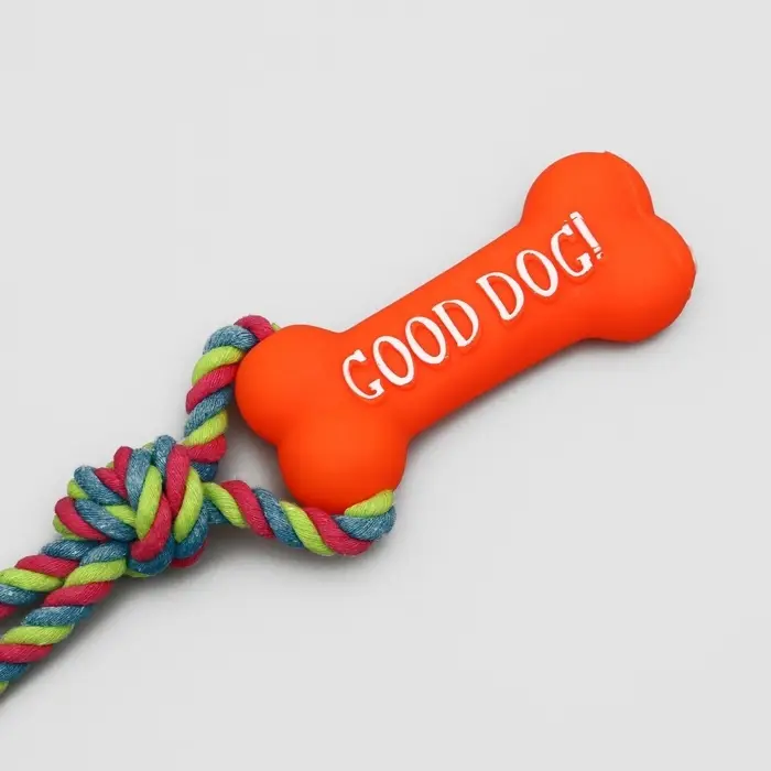 Игрушка для собак &laquo;Кость&raquo;, 14 см, резиновая, с ручкой из каната, до 37 см, цвет МИКС