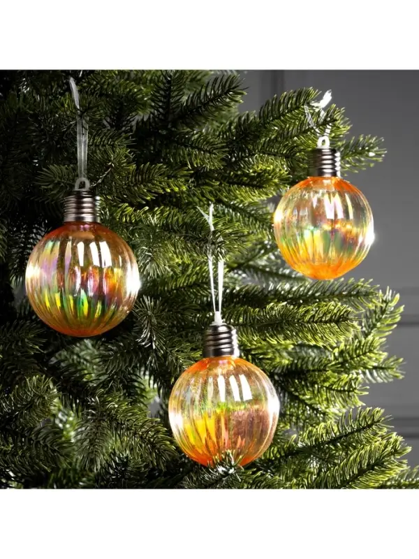 Набор ёлочных шаров &laquo;Золотистые грани&raquo;, 3 шт., d=7 см, 3 LED, от батареек AG13&times;9, свечение тёплое белое