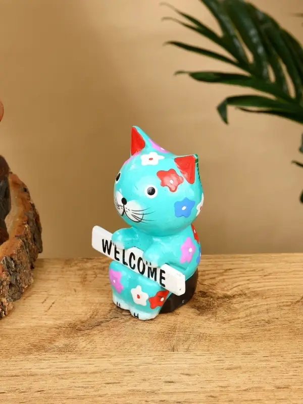 Сувенир  Сувенир "Кот с табличкой WELCOME" дерево 8х5х10 см, цв. бирюзовый