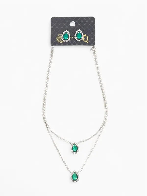 Набор 2 предмета: серьги, колье &laquo;Жаклин&raquo;, дуэт, капля, цвет бело-изумрудный в серебре, 45 см