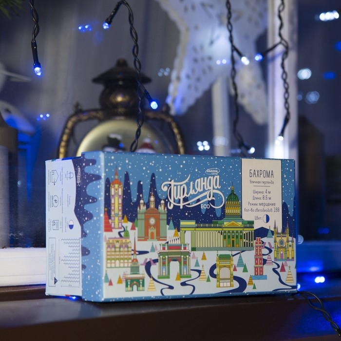 Гирлянда «Бахрома» 4 × 0.6 м, IP44, тёмная нить, 180 LED, свечение синее, мерцание белым, 220 В Гирлянда «Бахрома» 4 × 0.6 м, IP44, тёмная нить, 180 LED, свечение синее, мерцание белым, 220 В