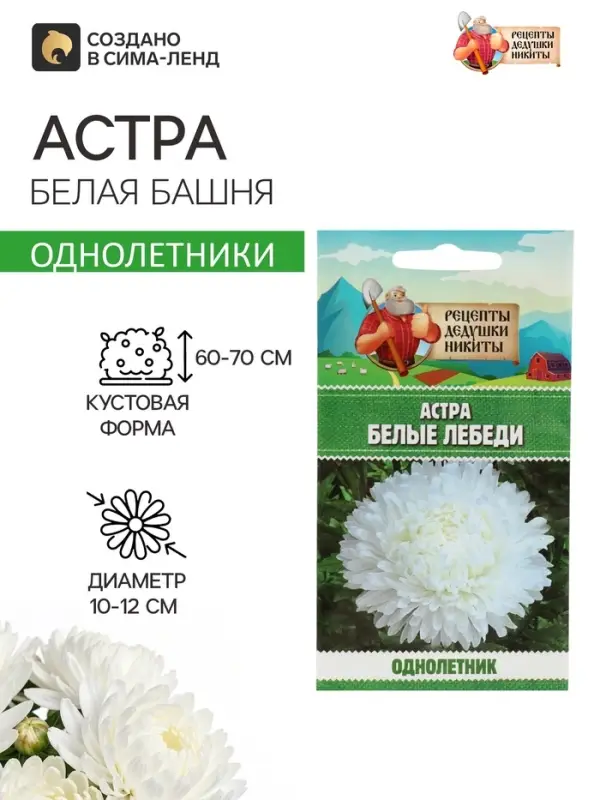 Семена цветов Астра &laquo;Белые лебеди&raquo;, 0.2 г, &laquo;Рецепты дедушки Никиты&raquo;