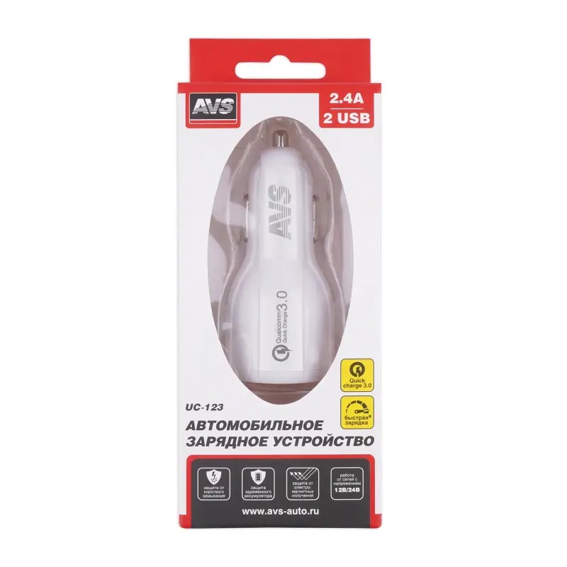 Автомобильное ЗУ AVS UC-123, 1 QC USB/1 USB, 3.0 А, 30 Вт (A07158S)