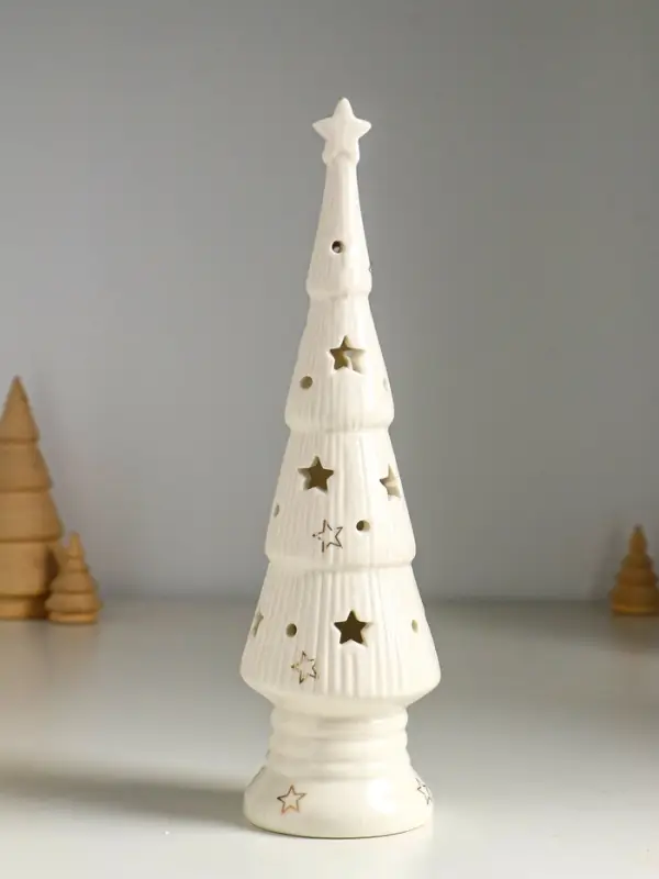 Сувенир керамика свет "Ёлочка со звёздами" белый с золотом 7х7х24 см