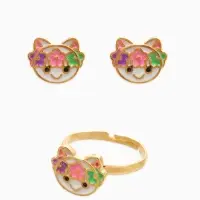 Набор детский "Выбражулька" 3 пред-а: кулон, кольцо, серьги, котик, разноцветный в золоте