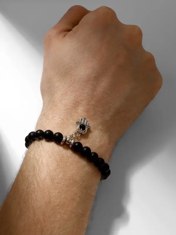Браслет-оберег &laquo;Рука счастья Хамса&raquo;, шунгит, чёрный с серебром, d=6 см