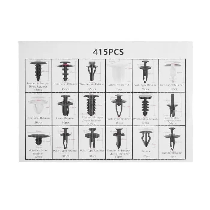 Клипсы и пистоны крепежные, 18 видов, набор 415 шт.