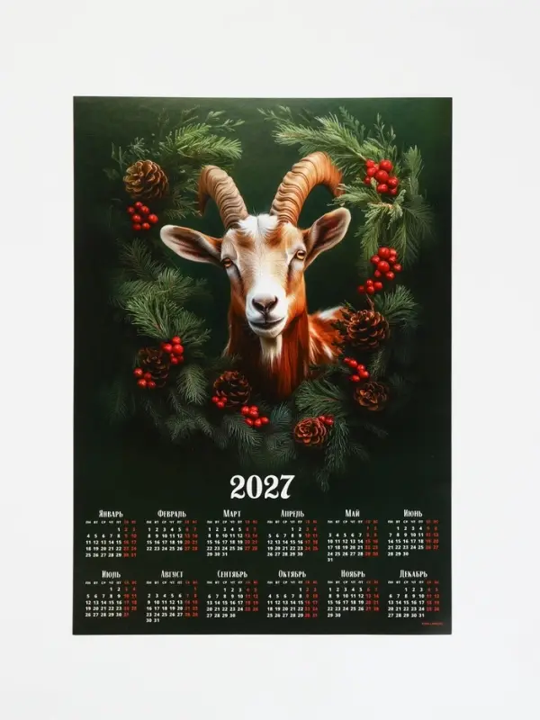 Календарь 2027, настенный, А4 &laquo;Козлик в хвойном венке&raquo;