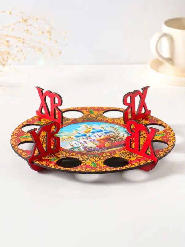 Подставка пасхальная на 8 яиц с хохломой №1. Д 20 см.