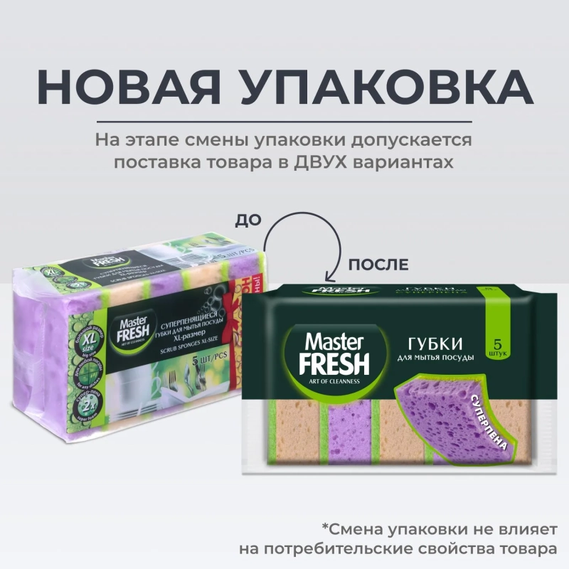 Губки для мытья посуды Master FRESH XL 100х70х33мм 5шт/уп